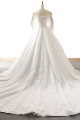 Affordable Longsleeves Appliques Tulle Wedding Dresses A-line Lace White Bridal Gowns On Sale-27dress